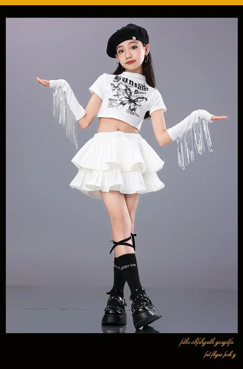 Hip Hop Girls Crop Top Plaid Street Dance Skirt Kids Ribbon Pleated Skirts Teens Jazz Cool Costumes Child Streetwear Clothes Set