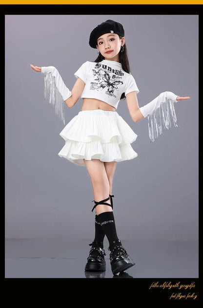 Hip Hop Girls Crop Top Plaid Street Dance Skirt Kids Ribbon Pleated Skirts Teens Jazz Cool Costumes Child Streetwear Clothes Set