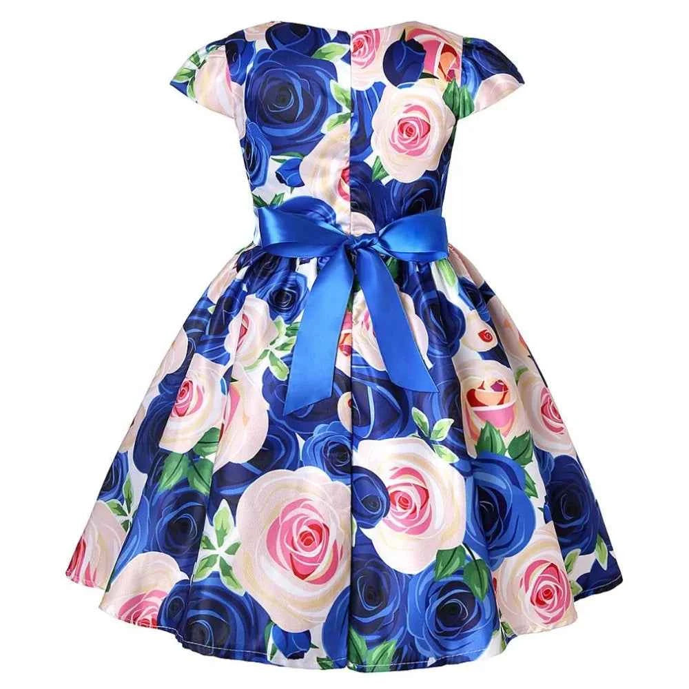 Summer Girls Rose Print Dress Princess Wedding Birthday Party Frocks Satin Children Vestidos Dresses For Girl Christmas Clothing