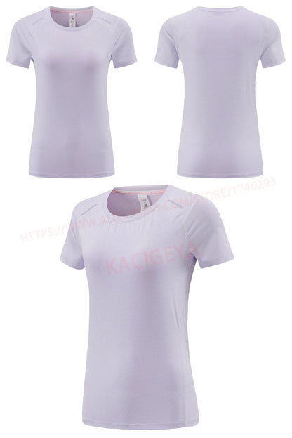Women Print Running Short Sleeve Slim Elastic Yoga Breathable Mesh Tshirt Female Jogging Training Fashion Solid Fitness Tee - AMULET RING STORE