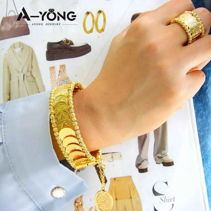 Luxury Turkish Coins Charm Jewelry Set 24k Gold Plated Kurdish Muslim Bridal Open Bangles Ring Middle Eastern Vintage Jewelrys