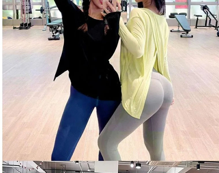 Fashion casual long-sleeved yoga wear fitness T-shirt female autumn Spice girls loose sports split running smock top - AMULET RING STORE