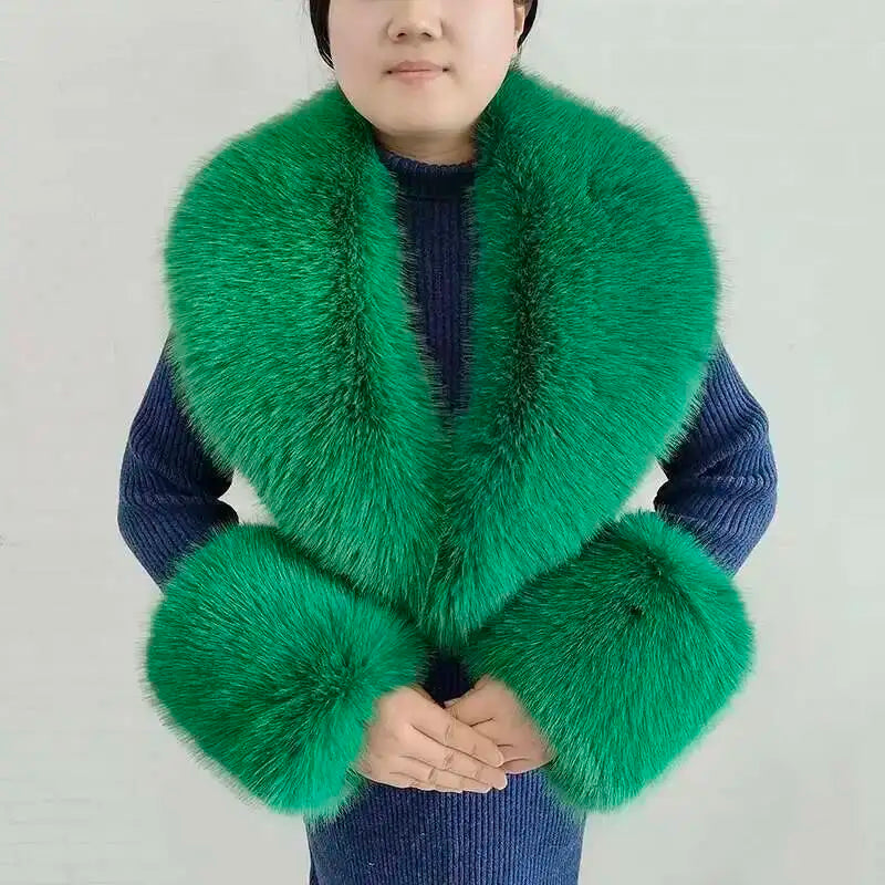 Large Winter Faux Fox Fur Scarf Women Jackets Warm Fluffy Shawl Fashion Artificial Fur Collar And Cuff Set Fluffy Scarves Female