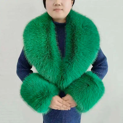 Large Winter Faux Fox Fur Scarf Women Jackets Warm Fluffy Shawl Fashion Artificial Fur Collar And Cuff Set Fluffy Scarves Female