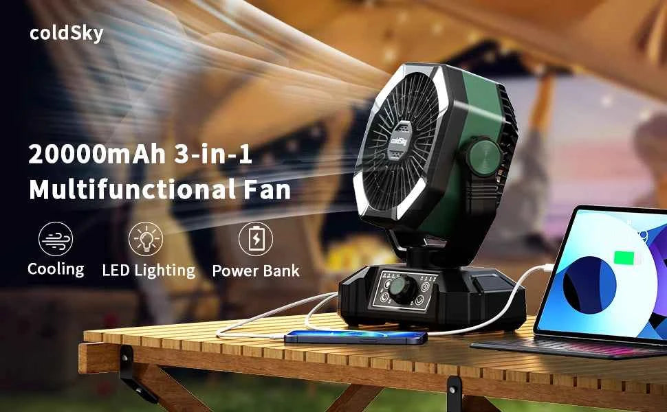 Camping Fan with 4 LED Lantern 8 Speeds Regular Time Desk Fan 20000mAh Battery Portable Outdoor Fan for Outdoor Camping Fishing