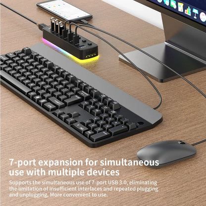 RGB USB 3.0 Hub 7 Ports Data Port Adapter 5Gbps Individual On/Off Switch Splitter Gaming USB Hub For Laptop PC Computer Accessor