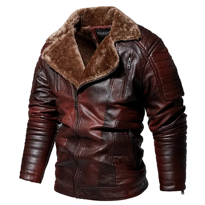 Men's Fur Collar Jacket PU Leather Vintage New Winter Men's Streetwear Thicken Leather Jacket Retro Men Brand Leathe Jacket