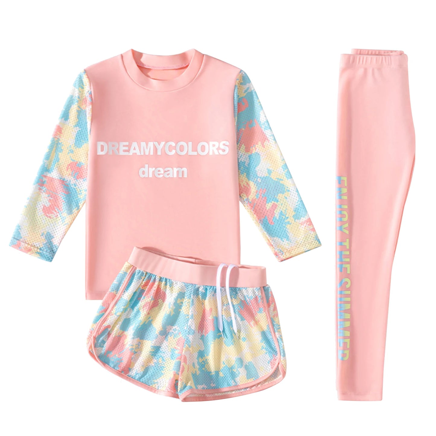 3Pcs Kids Girls Colorful Print Swimsuit Swimwear Long Sleeve Top+Shorts with Pants Set Sun Protection Rash Guard Swimming Outfit - AMULET RING STORE