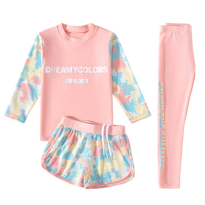 3Pcs Kids Girls Colorful Print Swimsuit Swimwear Long Sleeve Top+Shorts with Pants Set Sun Protection Rash Guard Swimming Outfit - AMULET RING STORE