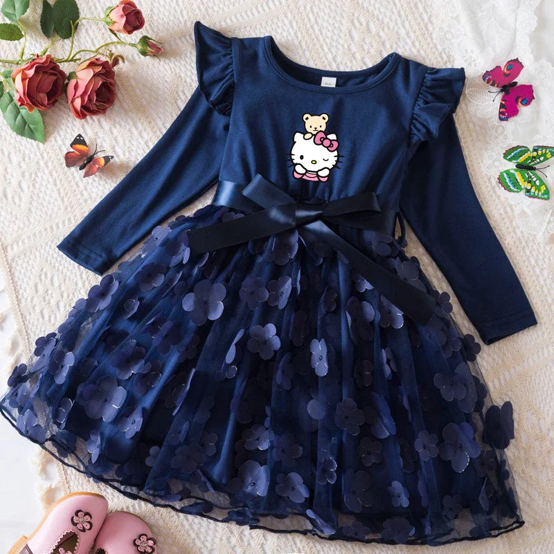 Hello Kitty Autumn Dress for Kid's Casual Clothes 3D Butterfly Cute Long Sleeve Baby Girls Princess Dress Party Dresses 2-6 Yrs