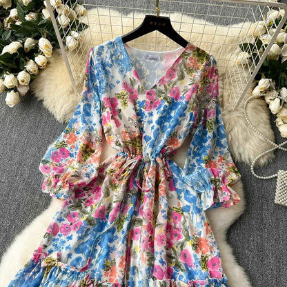 2026 Romantic Floral Print Chiffon Long Sleeve Dress Women Sexy V-neck A Line Beach Vestidos Elegant Elastic Waist Party Dress