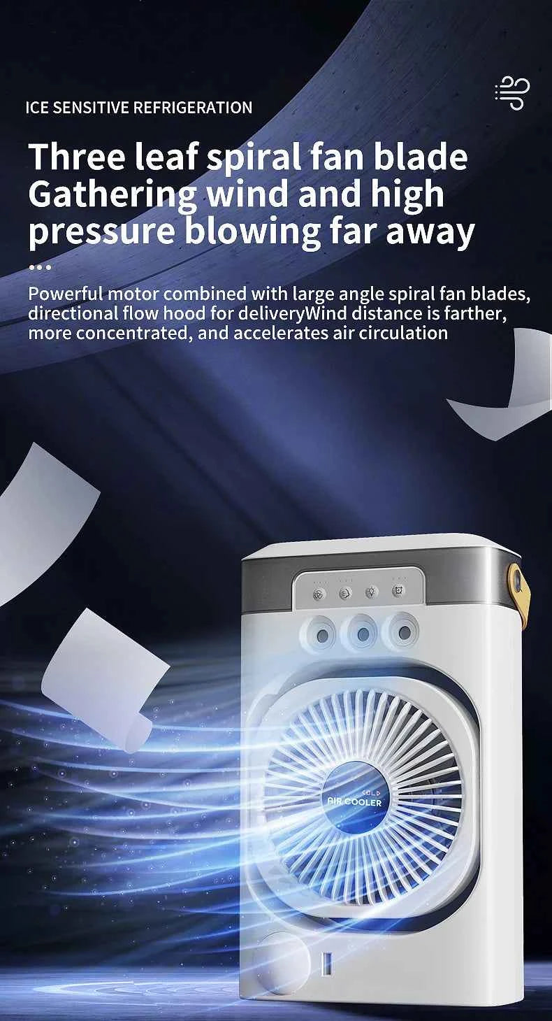 Portable air conditioning fan household 5000 mA desk humidifier small fan office three hole spray fan with color night light