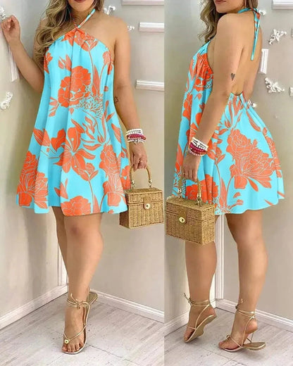 Tropical Print Halter Neck Dress, Vacation Style Backless Dress For Spring & Summer, Women's Clothing - AMULET RING STORE