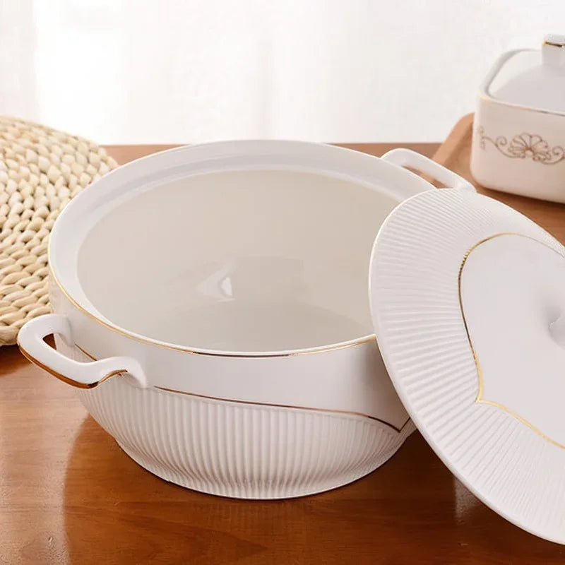 Ceramic Soup Pot Nordic Phnom Penh White Round 2.6L Large Bowl with Lid Cooking Utensils Household Kitchen Supplies Tableware - AMULET RING STORE