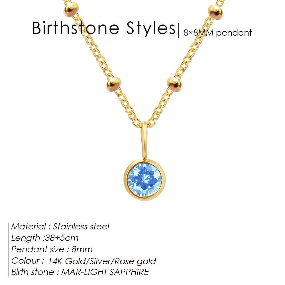 Stainless Steel Birthstone Necklace Beaded Chain Zirconia Pendant DIY Necklace Constellation Birthday Gift Jewelry Wholesale