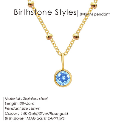 Stainless Steel Birthstone Necklace Beaded Chain Zirconia Pendant DIY Necklace Constellation Birthday Gift Jewelry Wholesale