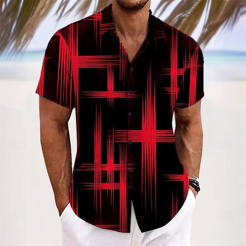 Men's Geometric Plaid Gradient Shirt Fashion Casual Outdoor Vacation Daily Wear Summer Lapel 3D Printed Shirt White Red Blue