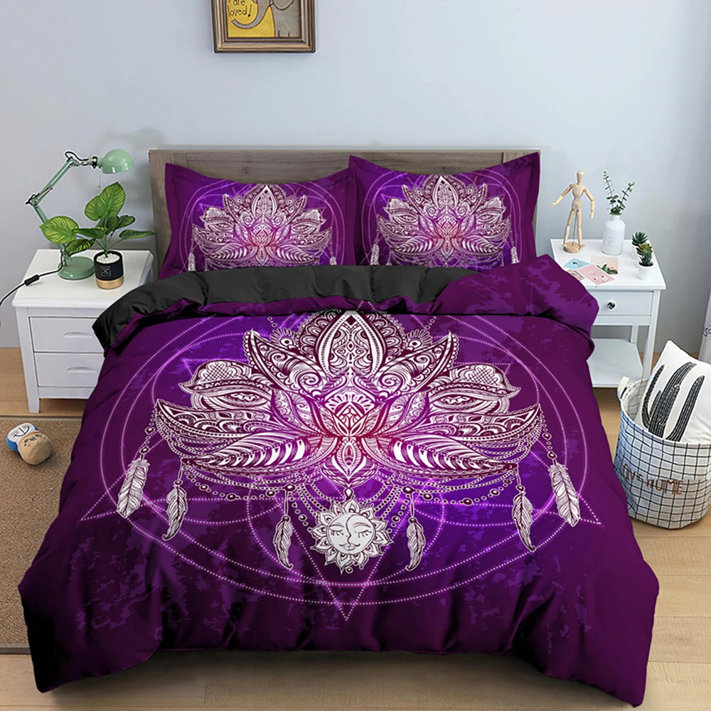2/3pcs Bed Set Bohemian Lotus Duvet Cover Set Mandala Flower Quilt Cover Adult Black Polyester Bedding Set Queen King Twin Teens - AMULET RING STORE