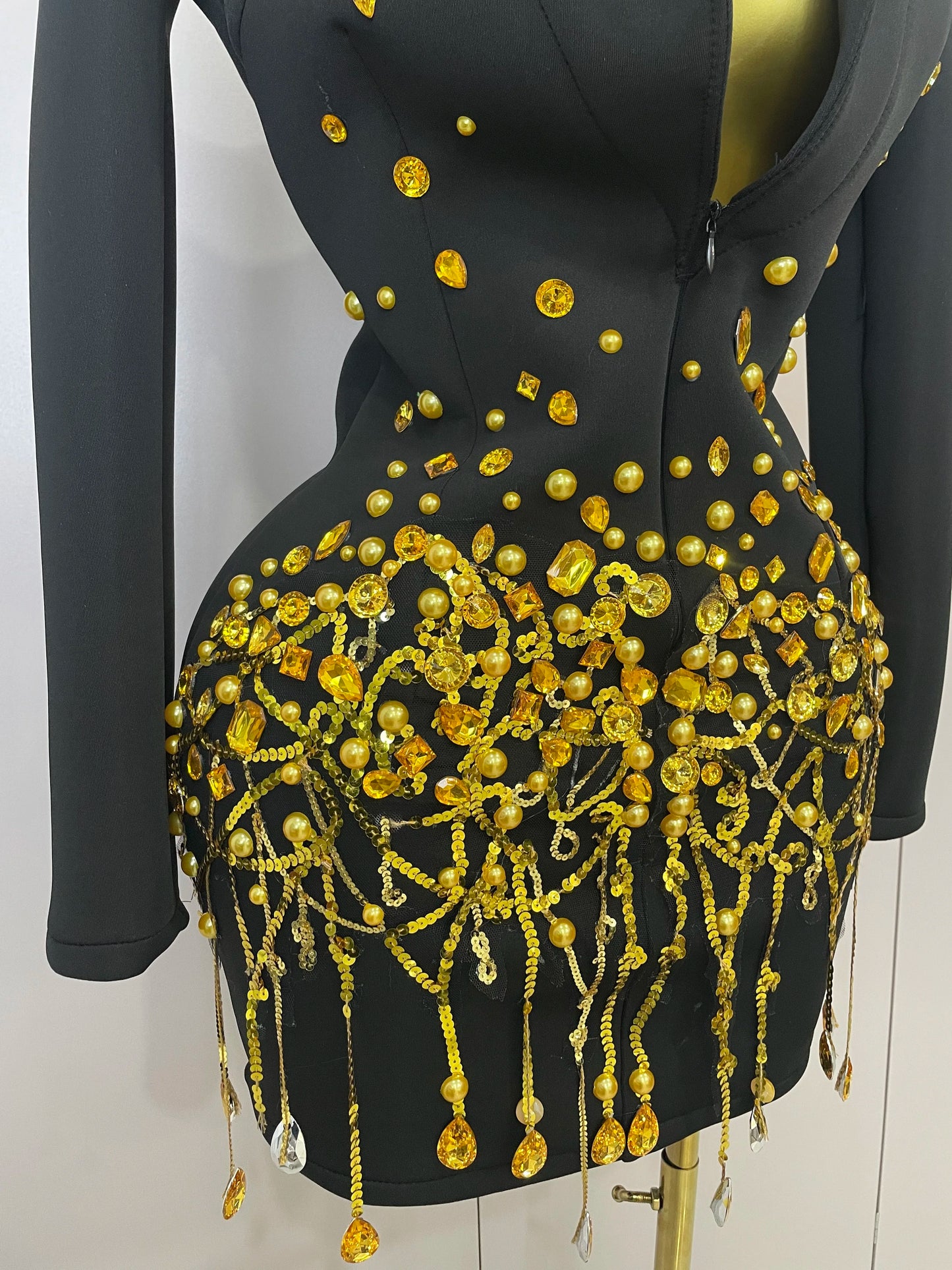 Sparkly Crystal Chains Pearls Long Sleeve Mini Dress 2025 Women Birthday Evening Party Nightclub Outfit Singer Wedding Costume - AMULET RING STORE