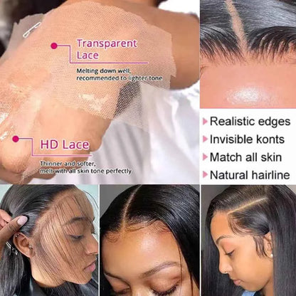 40 42 46 inches 200 Density Straight 13x6 HD Transparent Lace Natural Color Brazilian Human Hair Wig For Women Frontal Lace Wig