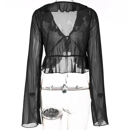 Vintage 90s Streetwear Ruffles Trim Green Chiffon T-shirts Y2K Fashion Sexy Deep V Lace Up Long Sleeve Tops Transparent - AMULET RING STORE