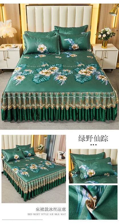 3Pcs/Lot Double Bed Sheet Set Classic Lace Royal Blue Bed Sheet Bed Skirt