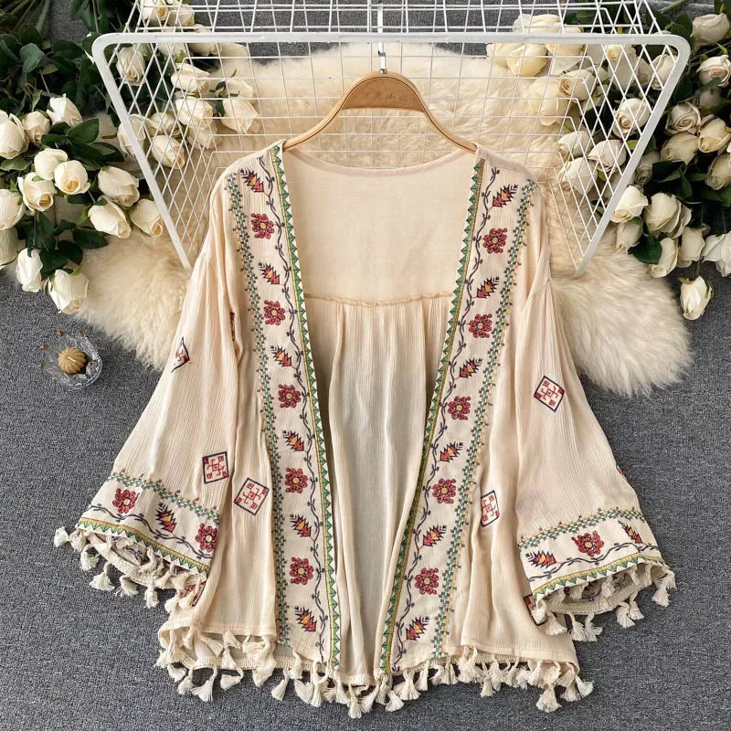 Summer Women's Shirt Bohemian Holiday Style Embroidered Tassel Chiffon Cardigan New Waist Female Slim Short Tops - AMULET RING STORE