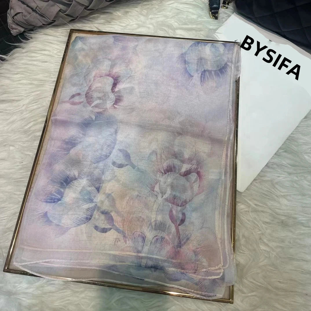 BYSIFA|New Black Pink Peony 100% Silk Shawl Scarf Women Chiffon Long Silk Scarves Cape Summer Foulard Winter Brand Scarves Wraps