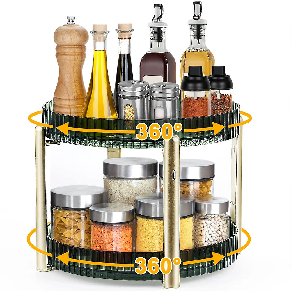 Kitchen Spice Rack Double Layer 360° Rotating Seasoning Holder Large Capacity Shelf Snacks Cosmetics Office Bathroom Storage - AMULET RING STORE