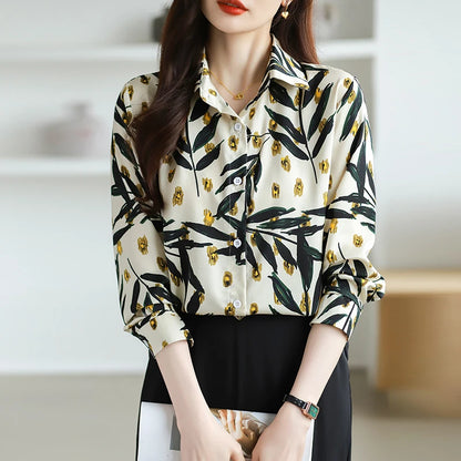 2025 Spring Autumn New Office Lady Blouse Fashion Floral Printed Shirt Turndown Collar Med-Length Long Sleeve Women Tops