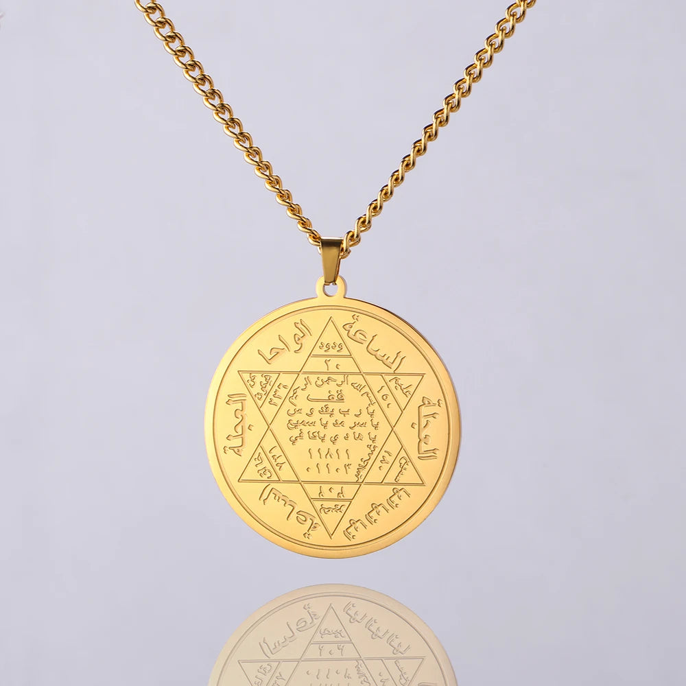 Three Hebrew letters are written on the necklace