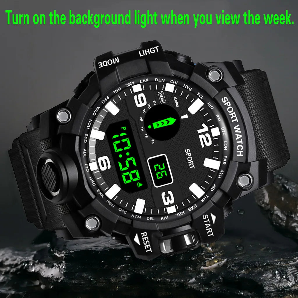 Fashion Men's Watch Sports Electronic Wristwatch Large dial Multifunctional Waterproof Luminous Alarm Kids Male's Military Watch - AMULET RING STORE