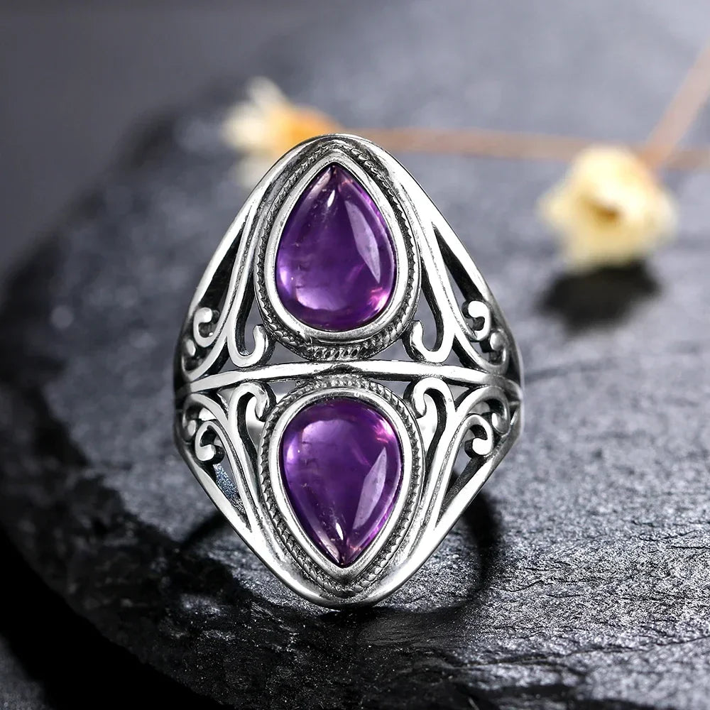 Luxury Vintage Ring Natural Amethyst Rings S925 Silver Jewelry Wedding Anniversary Party Ring Gifts for Women