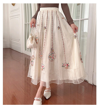 Chinese Style Retro Long Skirt Flowers Embroidered Summer Fairy Skirt Elastic Waist Gauze Skirt Party Lady A-line Skirts