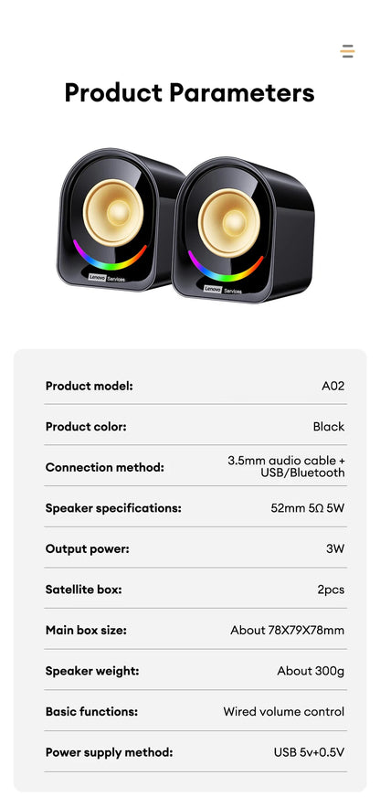 New Lenovo A02 Wireless Bluetooth V5.4 Speaker With Dual Mode RGB Light Wired Loudspeaker Vibrant Stereo Sound Camping Soundbox