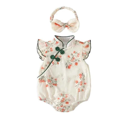 Toddler Girls Traditional Chinese Dress Set with Embroidered Floral Romper Matching Headband and Stylish Summer Outfit for a