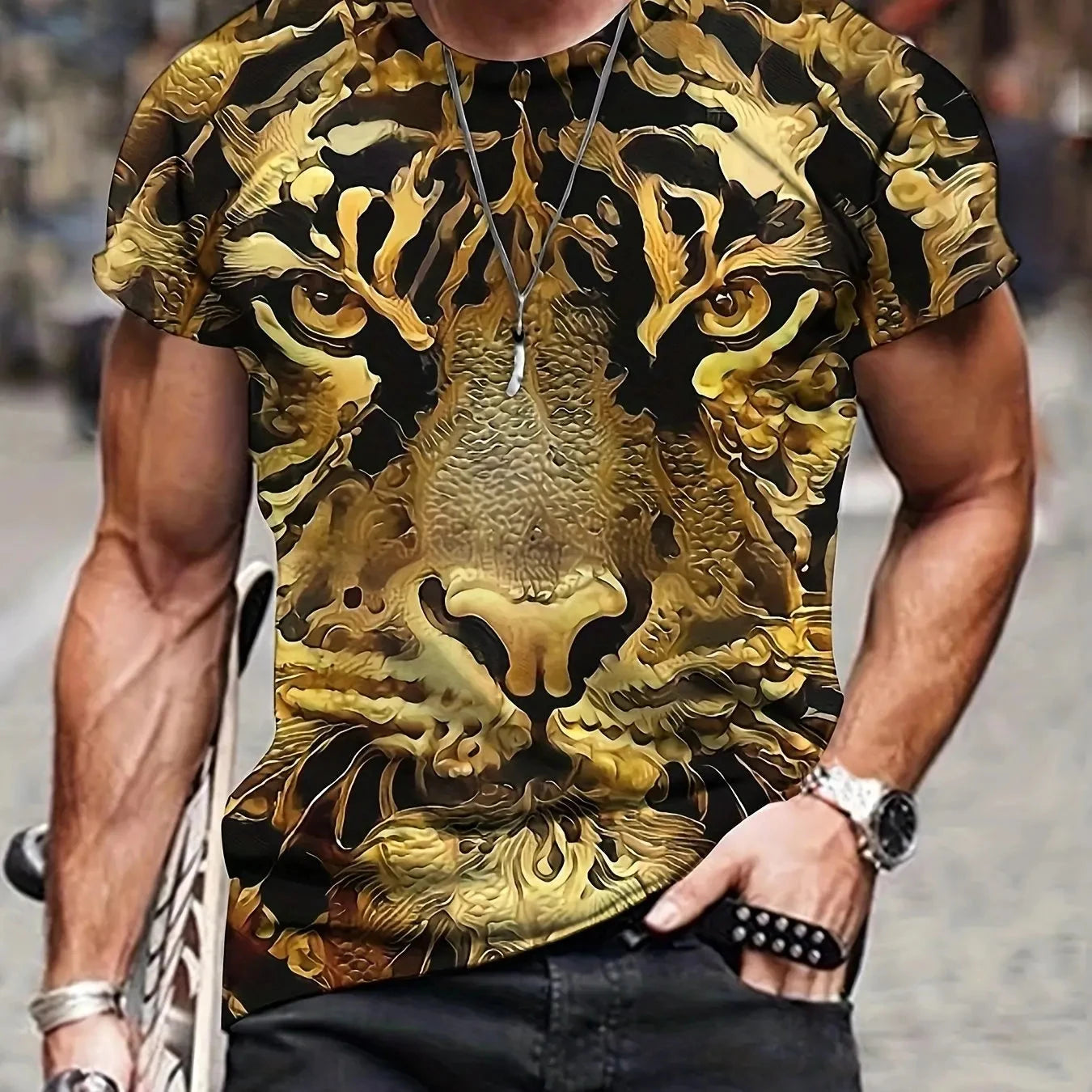 Summer men's 3D lion and tiger pattern T-shirt, casual micro elastic breathable T-shirt, suitable for outdoor jogging wear - AMULET RING STORE