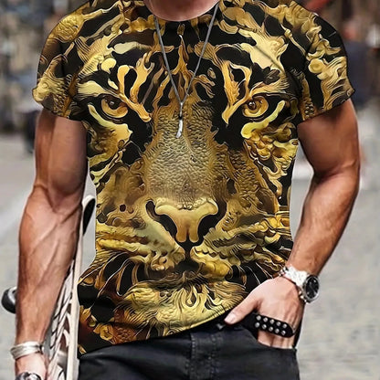 Summer men's 3D lion and tiger pattern T-shirt, casual micro elastic breathable T-shirt, suitable for outdoor jogging wear - AMULET RING STORE
