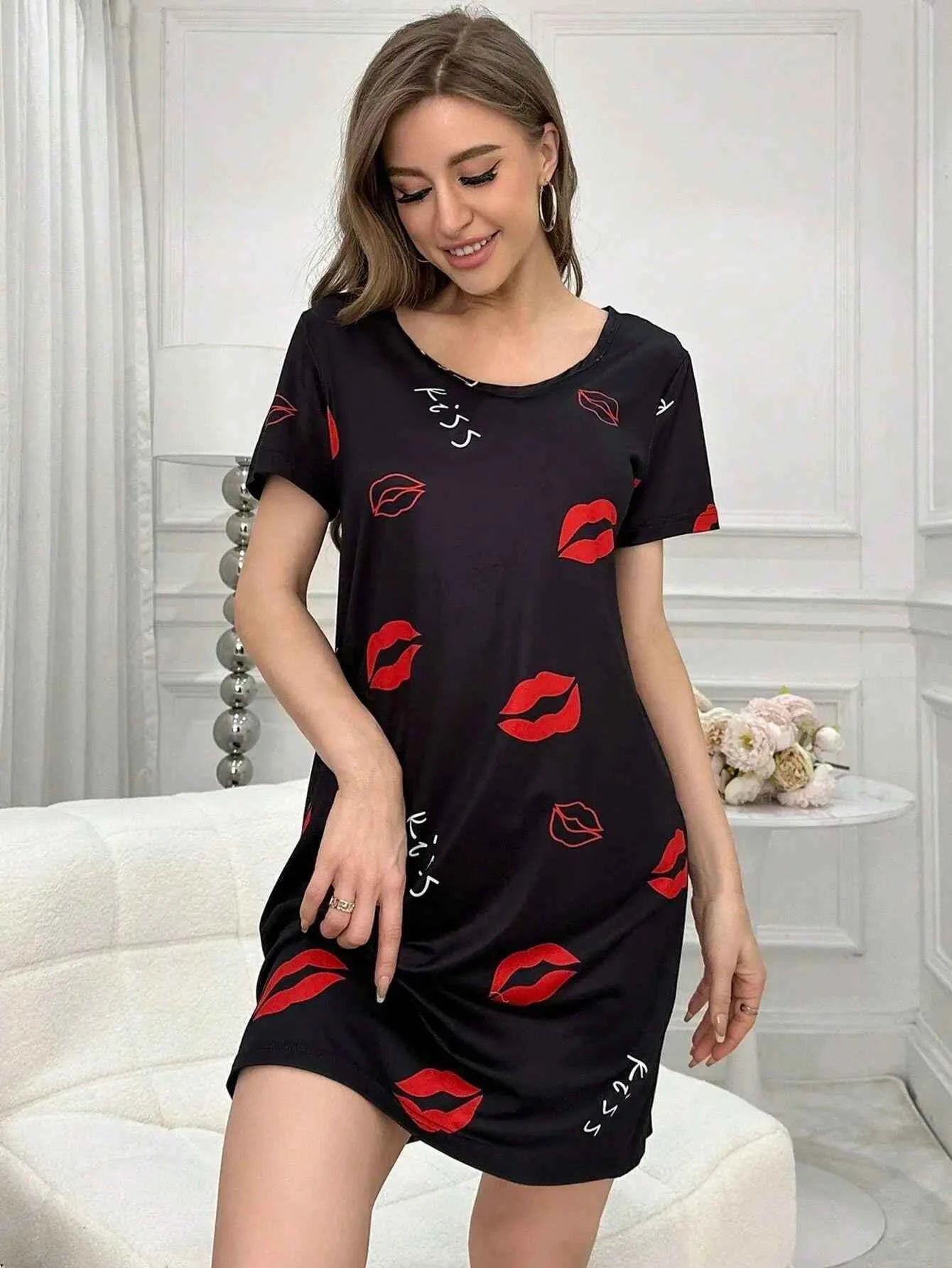 Summer Butterfly Prints Sexy Short Sleep Shirts Women Milk Silk Nightgowns Sleepwear Lingerie S-XL Plus Size Night Dress Women