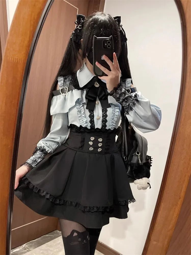 Sweet Gothic Lolita Two Piece Set, Off Shoulder Blouse + High Waist Skirt, Kawaii Tri-color Lace Coord Outfit for Women & Teens