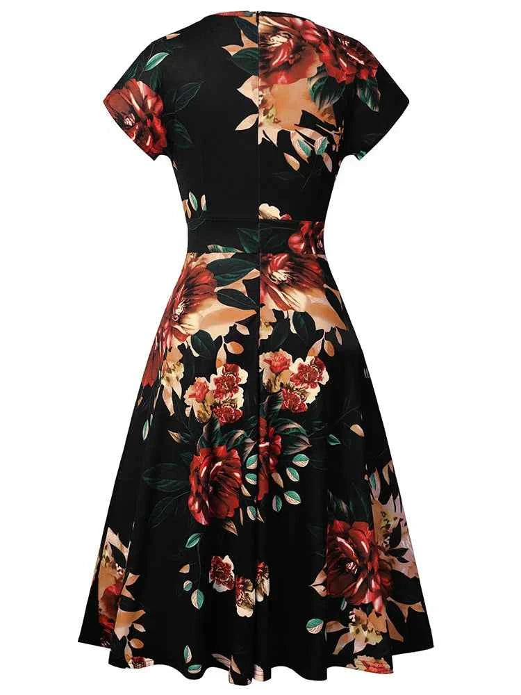 Nice-forever Vintage Elegant Floral Print Pleated Round neck vestidos A-Line Pinup Business Party Women Flare Swing Dress A102