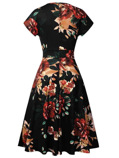 Nice-forever Vintage Elegant Floral Print Pleated Round neck vestidos A-Line Pinup Business Party Women Flare Swing Dress A102