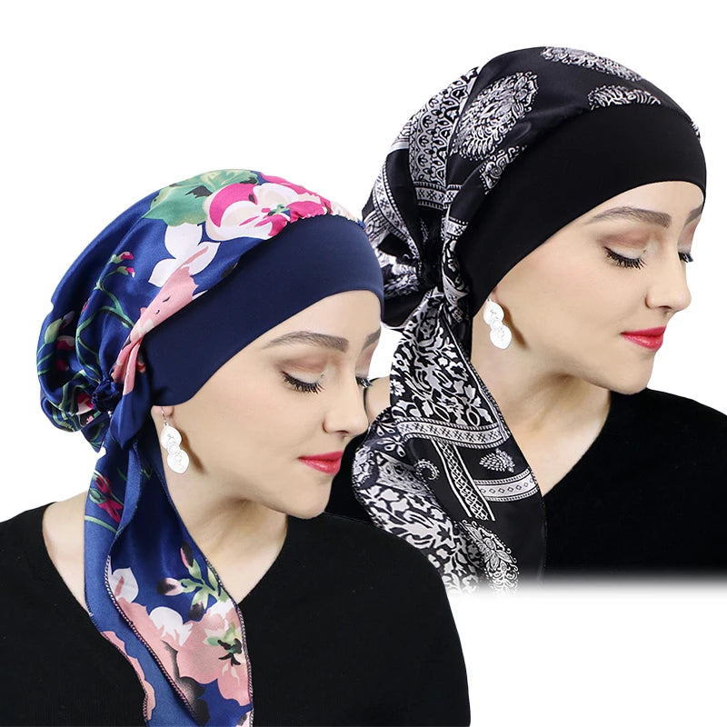 Printed Pre-tie Headscarf Women Elastic Muslim Female Turban Cancer Chemo Hat Hair Loss Cover Head Wrap Headwear Stretch Bandana - AMULET RING STORE