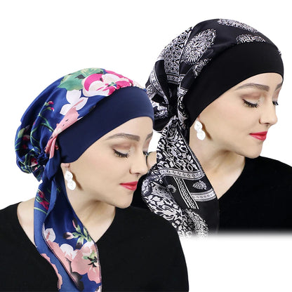 Printed Pre-tie Headscarf Women Elastic Muslim Female Turban Cancer Chemo Hat Hair Loss Cover Head Wrap Headwear Stretch Bandana - AMULET RING STORE