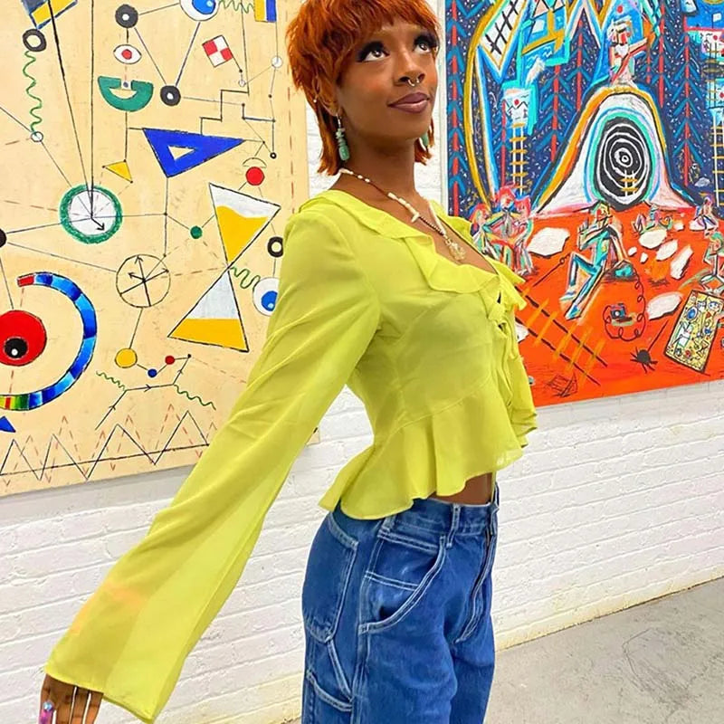 Vintage 90s Streetwear Ruffles Trim Green Chiffon T-shirts Y2K Fashion Sexy Deep V Lace Up Long Sleeve Tops Transparent - AMULET RING STORE