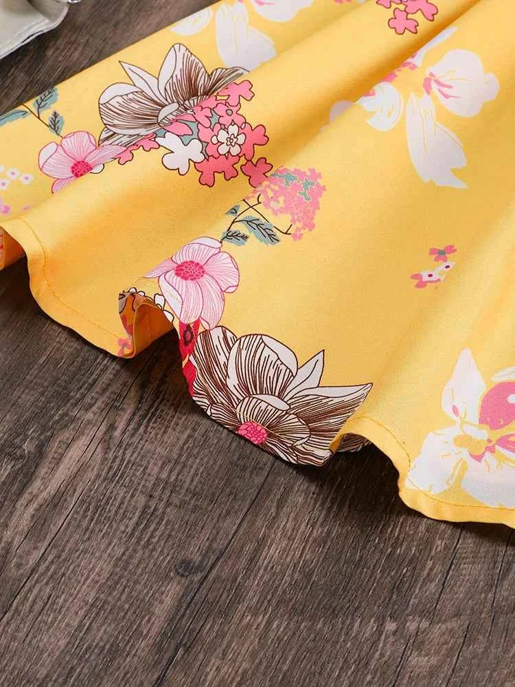 Spring And Autumn Winter Girls Children Girls, Casual Cute Sweet Petal Sleeves Adjustable Belt Digital Printed Dress