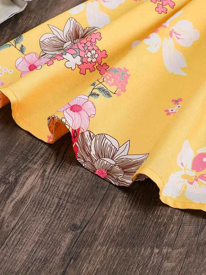 Spring And Autumn Winter Girls Children Girls, Casual Cute Sweet Petal Sleeves Adjustable Belt Digital Printed Dress