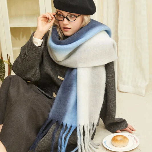 New Fashion Mohair Stripted Tassel Scarf Women Autumn Winter Korean Version Thickened Warm Soft Female Shawl Colorful Muffler