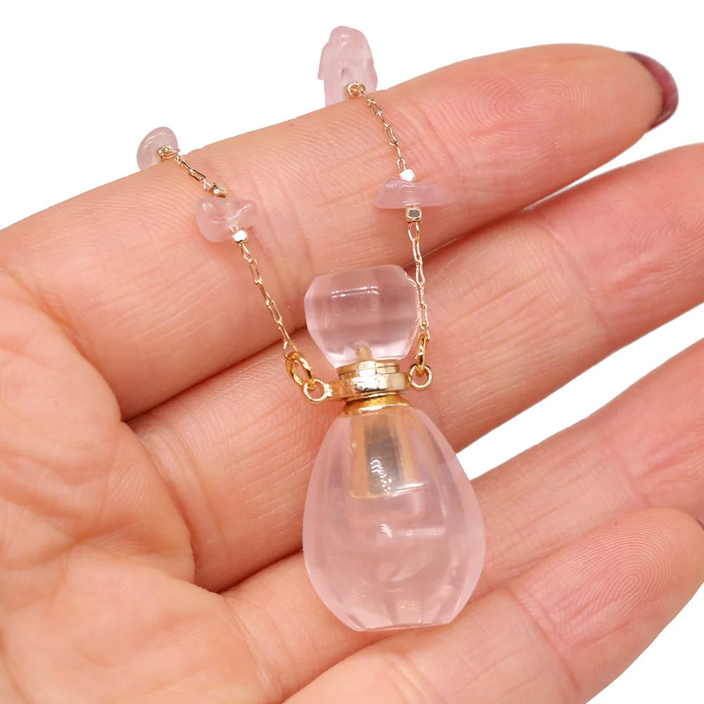 Natural Stone Rose Quartz Perfume Bottle Essential Oil Diffuser Reiki Healing Exquisite Necklace Jewelry Gift - AMULET RING STORE