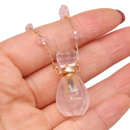 Natural Stone Rose Quartz Perfume Bottle Essential Oil Diffuser Reiki Healing Exquisite Necklace Jewelry Gift - AMULET RING STORE